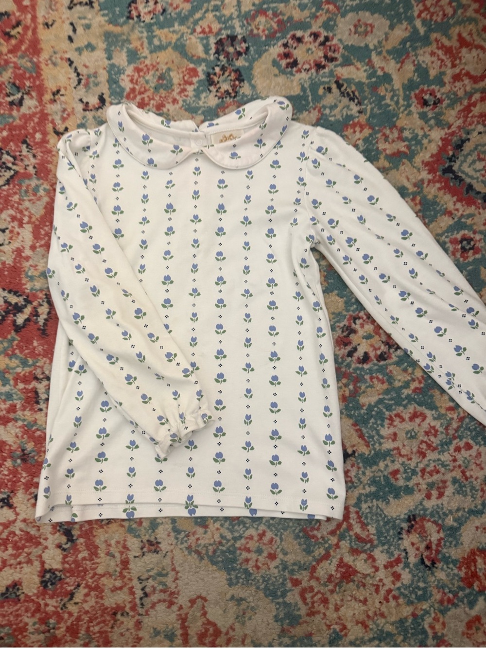 Girls' White Long-Sleeve Floral Peter Pan Top